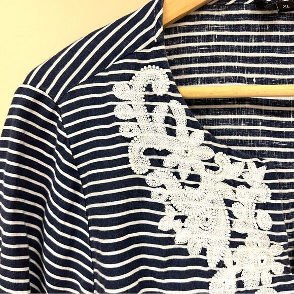 - Talbots blue/white striped linen embroidered top Sz XL - Picture 2 of 9